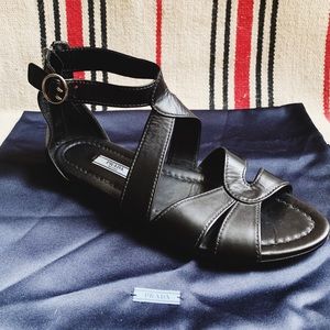 Prada Gladiator Zip Flat Sandals, Black, 38.5, 8.5